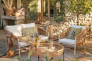 Canapé de jardin ARUN 2 places en résine beige et métal blanc 