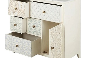 Cabinet de rangement ARLETTE 1 porte 5 tiroirs blanc motifs sérigraphiés multicolores