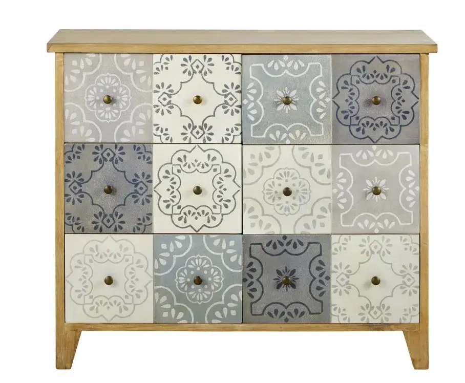 Cabinet de rangement 6 tiroirs MADELYNE en trompe l'œil motifs arabesques verts - Maisons du Monde