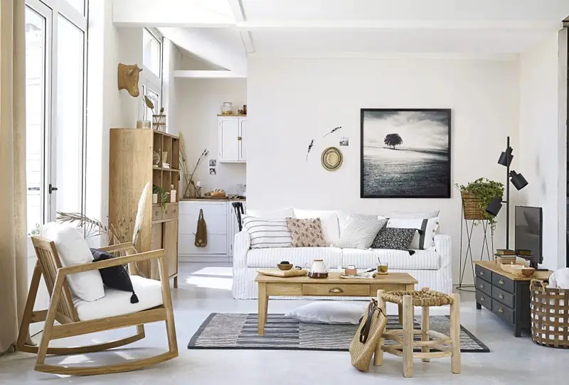 Canapé 4 places ISAURE en lin blanc motifs à rayures grises - Maisons du Monde