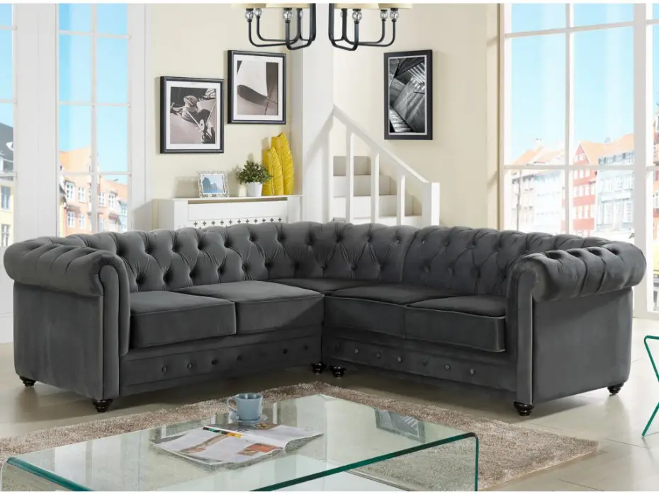 Canapé d'angle en velours anthracite CHESTERFIELD