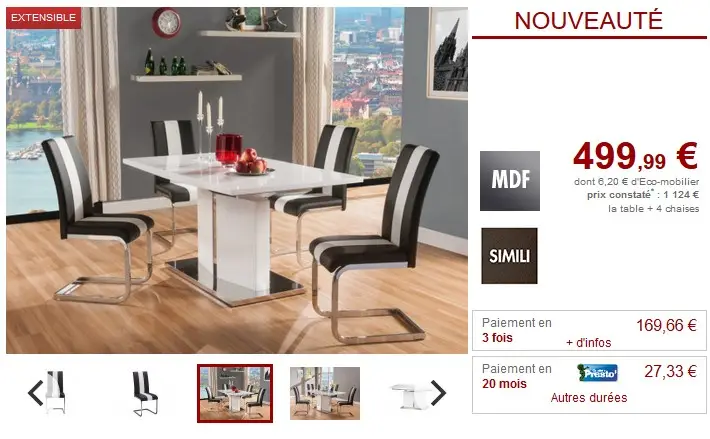Ensemble table + 4 chaises TRINITY Blanc & Noirc - Vente Unique