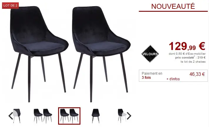 Lot de 2 ou 6 chaises gondole MASURIE Velours Noir