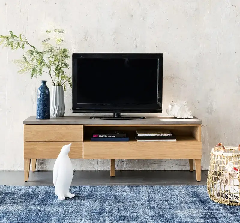 Meuble TV 3 tiroirs Grey en chêne massif et béton - Maisons du Monde