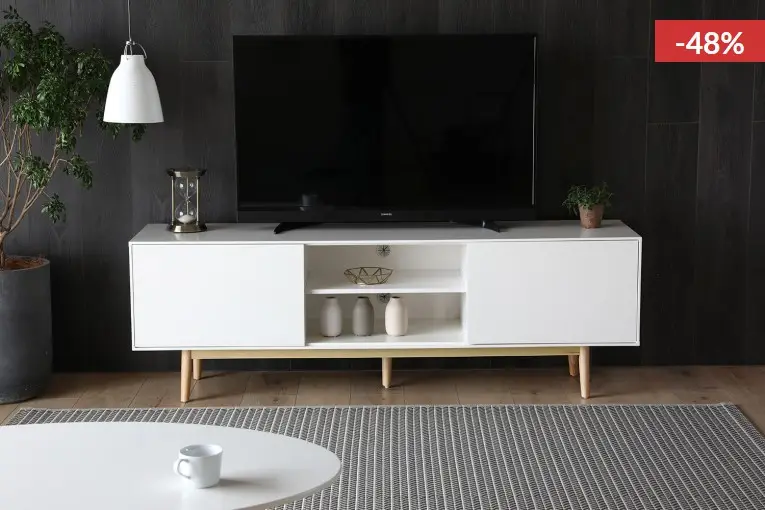 Kotka Meuble TV Scandinave blanc avec rangements - Concept Usine