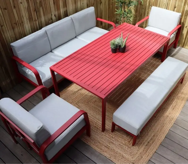 Salon de jardin CALI 7 places en aluminium rouge coussins gris clair