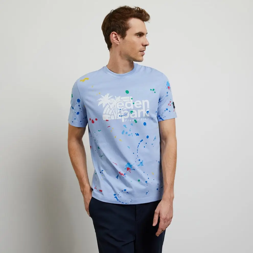 T-shirt bleu clair Eden Park à manches courtes effet taches de peinture - T-Shirts Homme Eden Park
