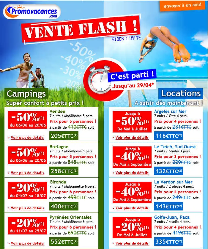 Vente Flash Location Camping et Vacances promo jusqu'à -50% avec Promovacances